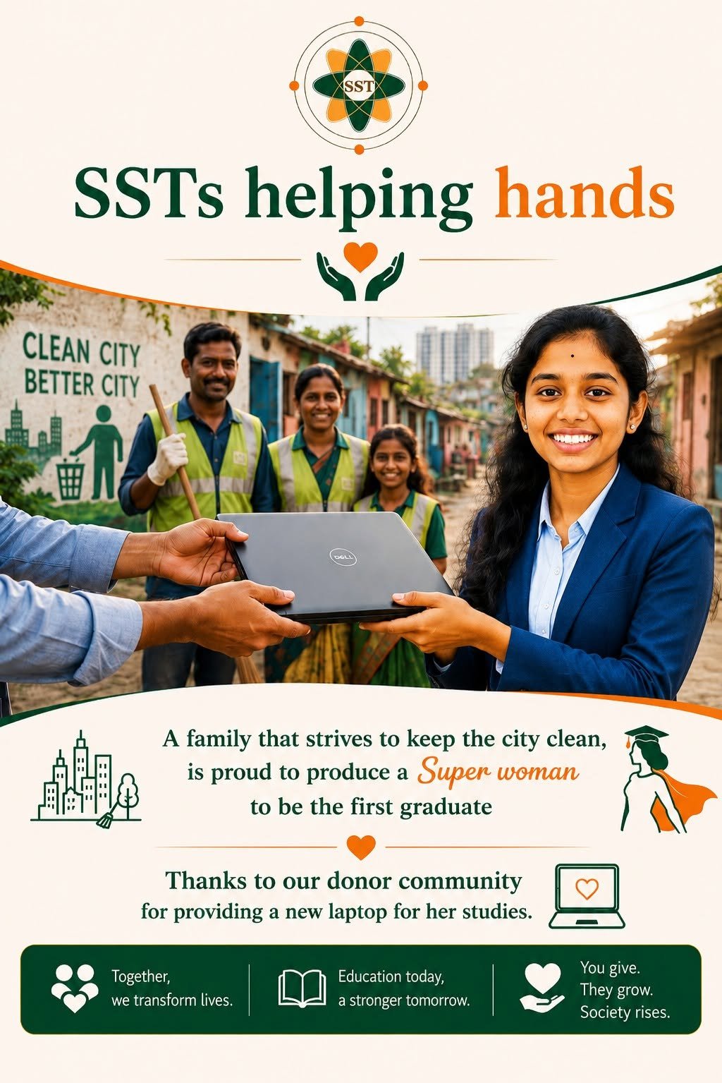 SST's first graduate — a super woman from a family that keeps the city clean, with a new laptop provided by our donor community